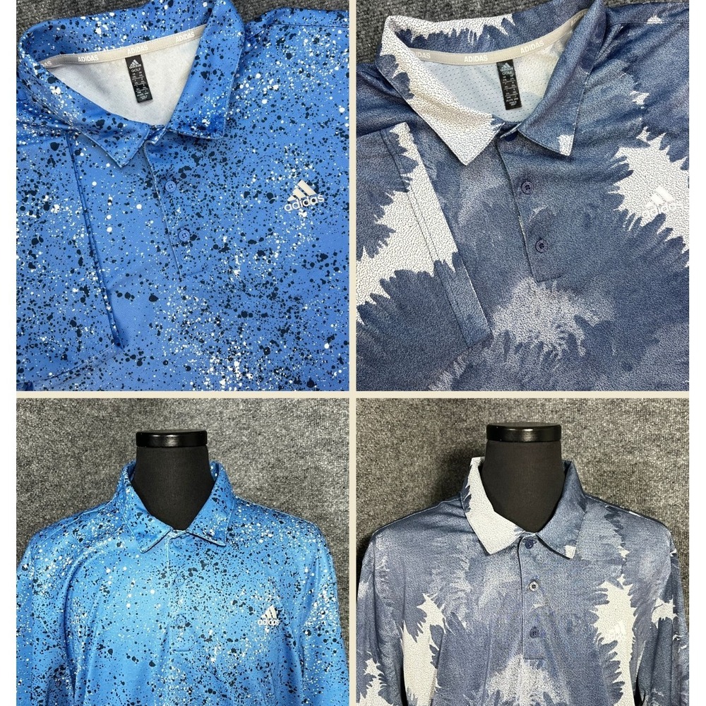 Adidas Polo Shirt Mens 2XL Blue Splatter Print Golf Performance‎ BUNDLE